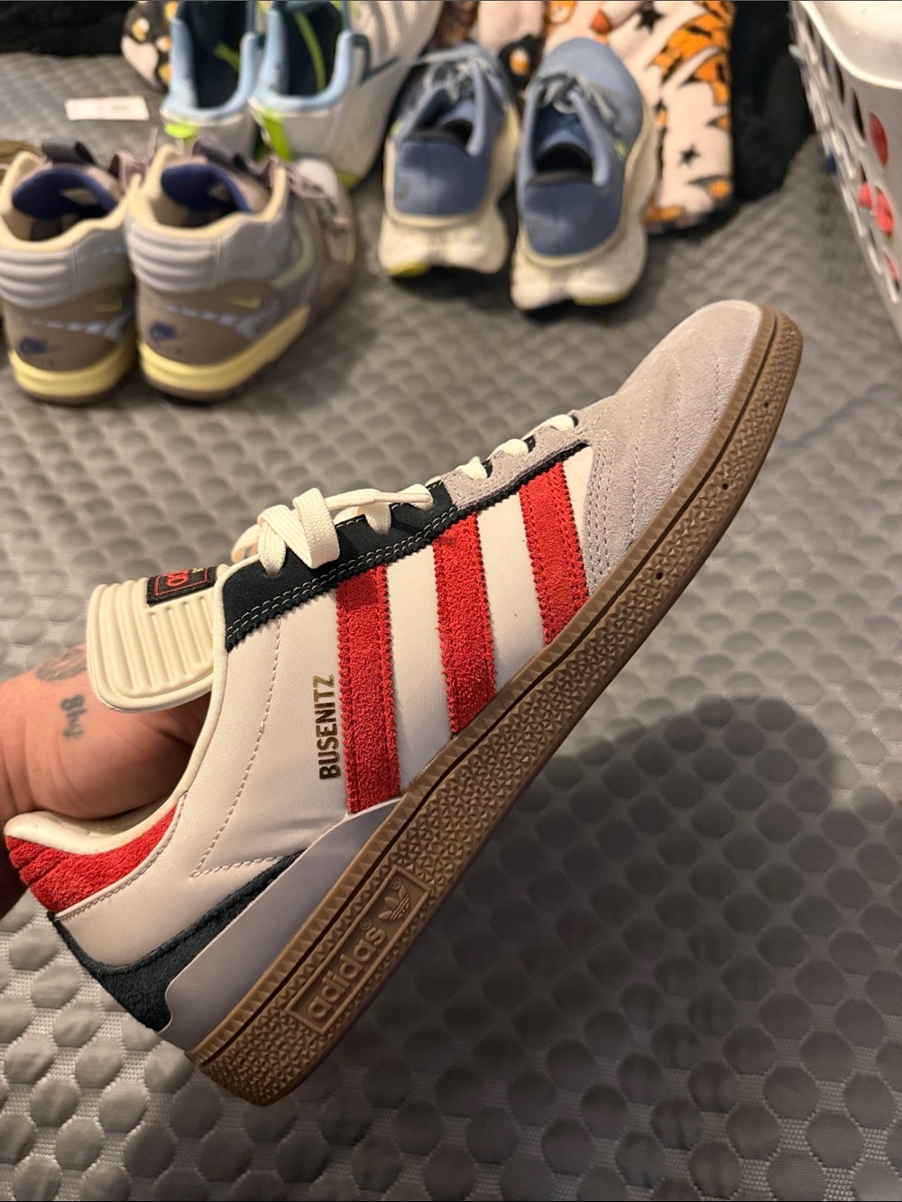 adidas Busenitz White Sneakers with Red Stripes and Gum Sole worn 1x
